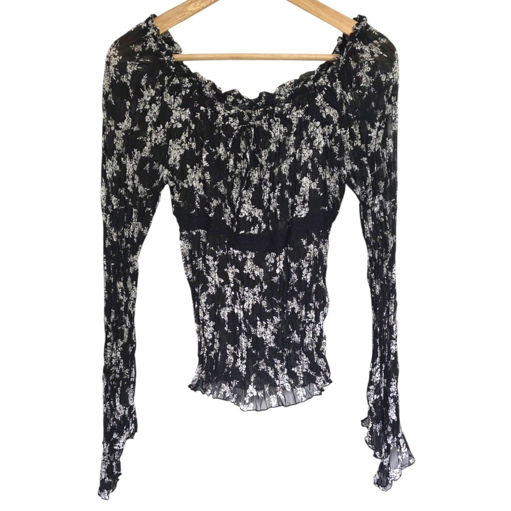 Vintage‎ Guess Floral Semi-Sheer Bell Sleeve Peasant Blouse Black & White M